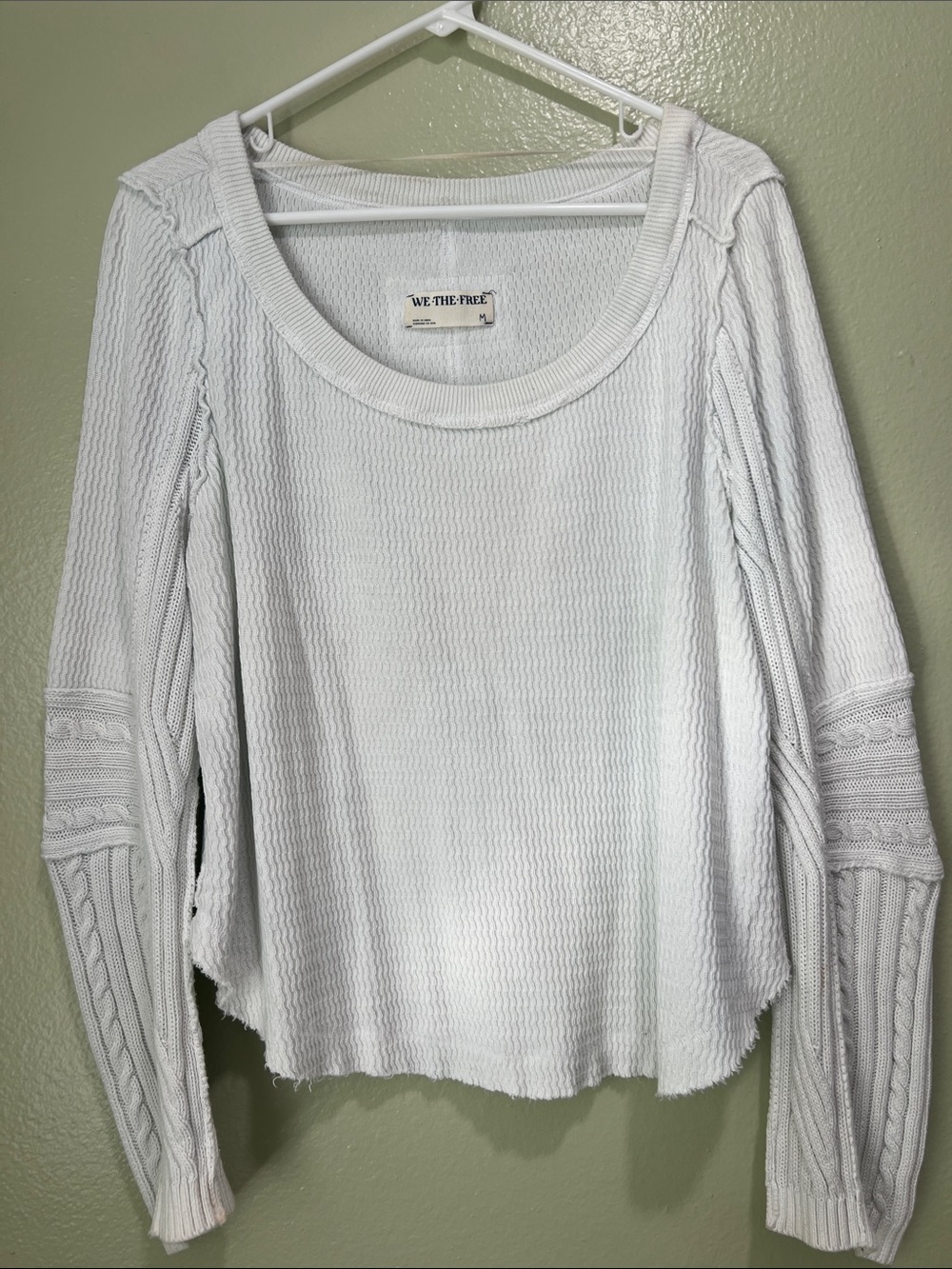 We The Free White Waffle-Knit Scoop Neck Long Sleeve Top with Cable Sleeves